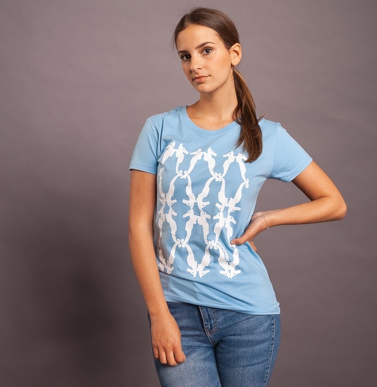 T-Shirt Seepferd/Raute, hellblau/weiss